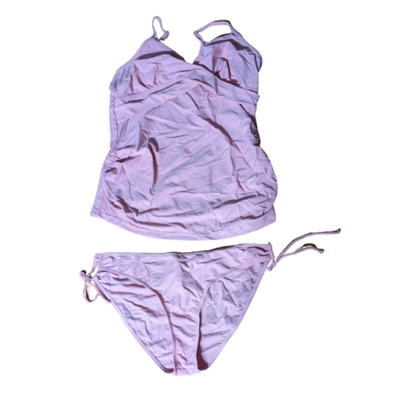 FLAW AS IS Womens Swim Set  L Pink Tankini Black Skirt 2 Piece  Spaghetti Strap - Picture 1 of 17